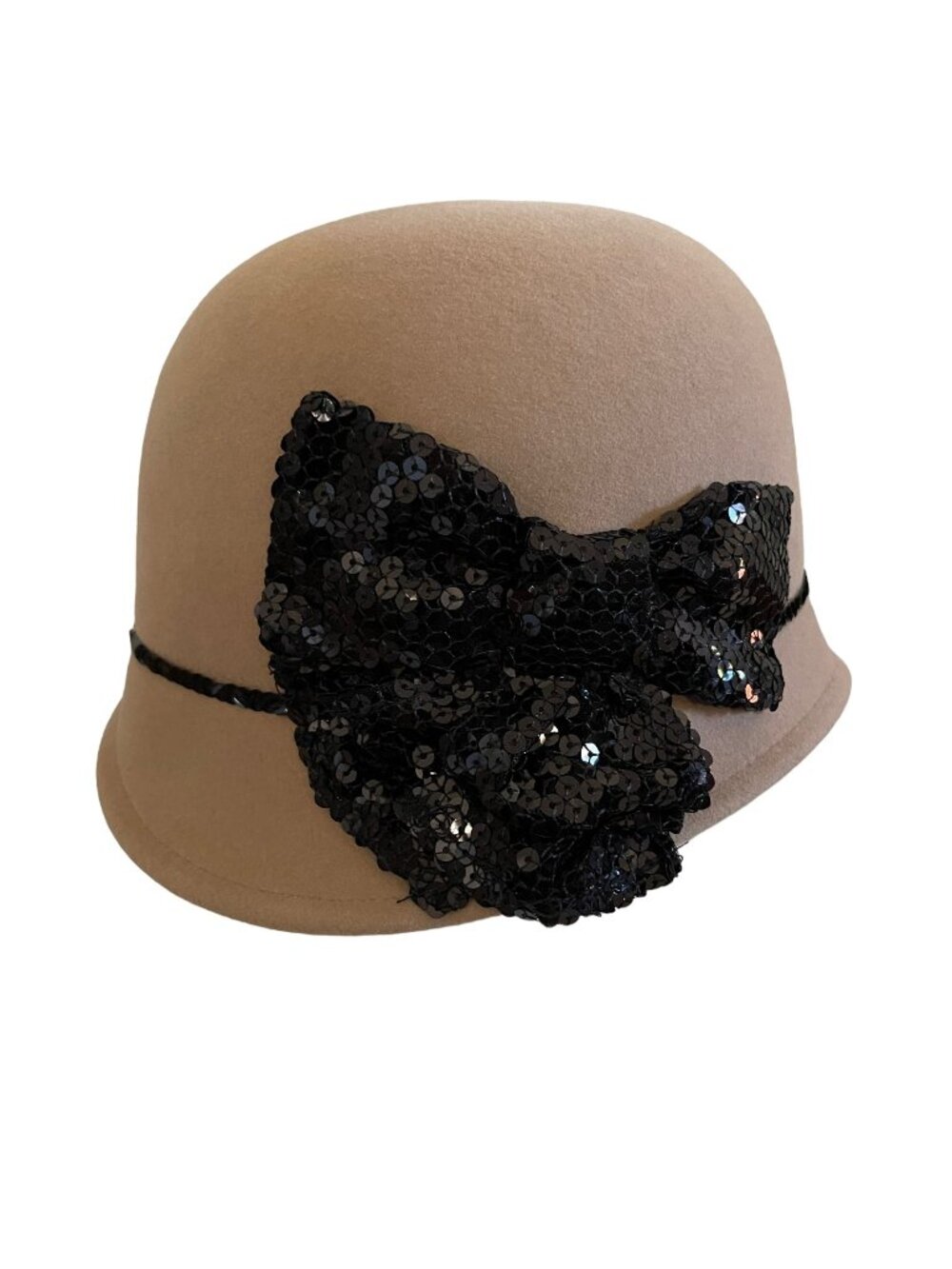 Louise Green Tan Wool Cloche Hat With Black Sequin Bow & Trim Deadstock